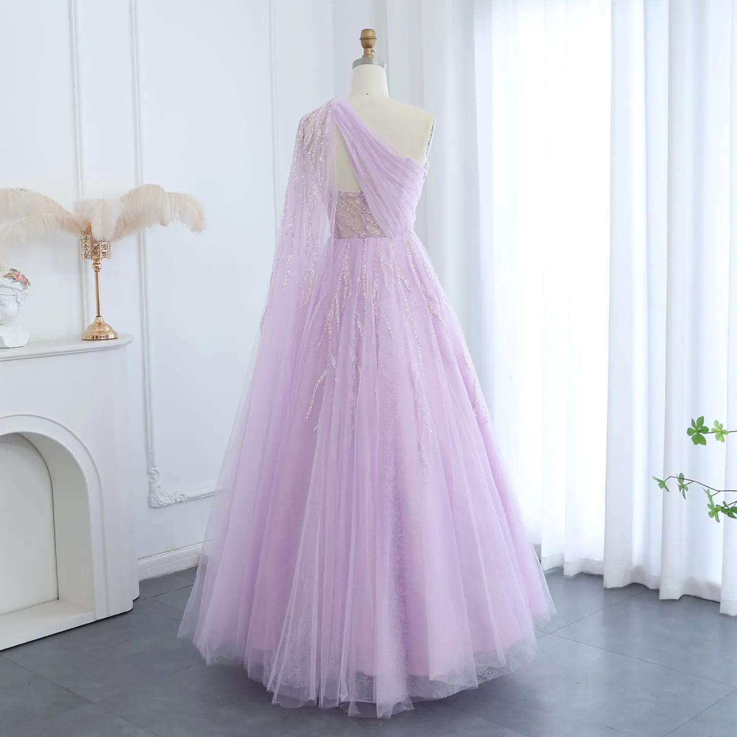 Luxury One Shoulder Lilac Evening Dress with Cape Sleeve SS465