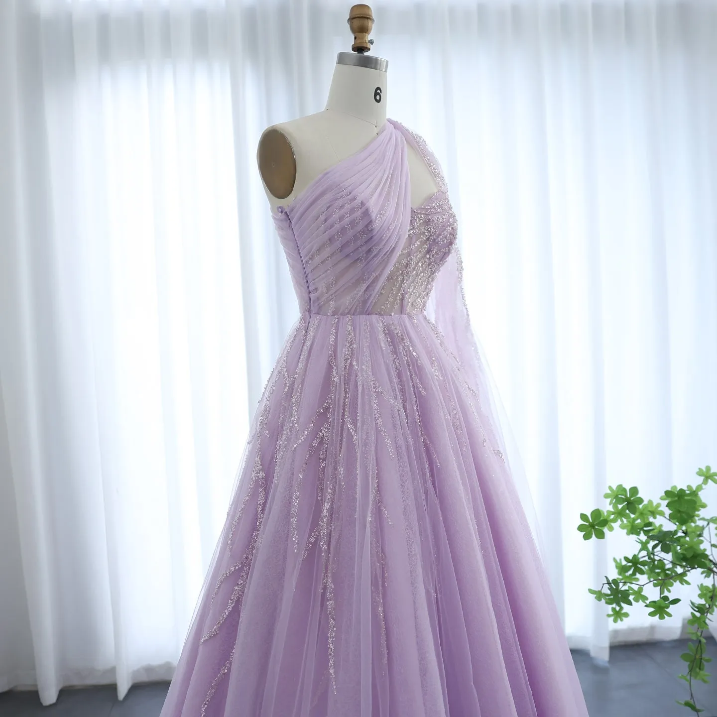 Luxury One Shoulder Lilac Evening Dress with Cape Sleeve SS465