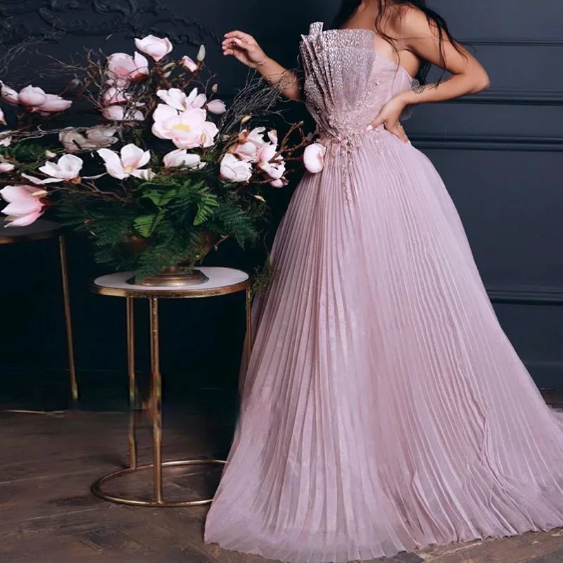 Luxury Pink Scalloped Pleats Evening Dress SS269