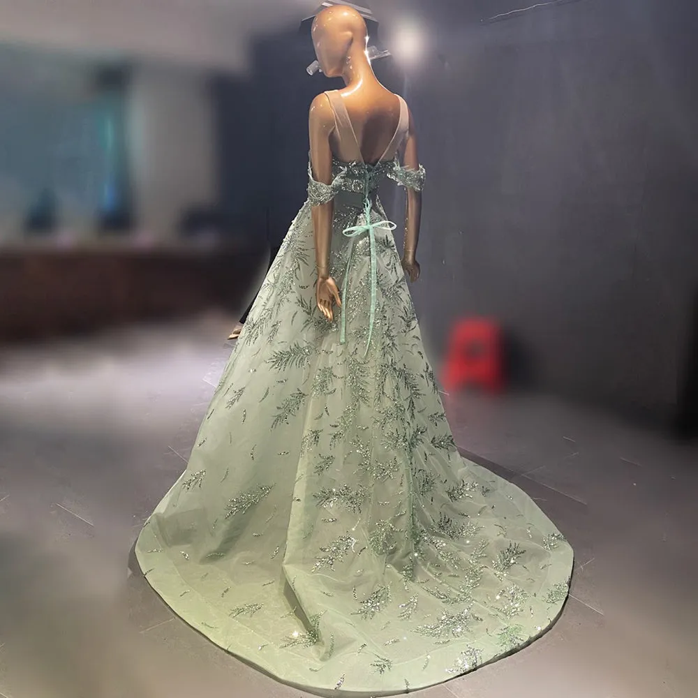 Luxury Sage Green Off Shoulder Evening Dress SS555