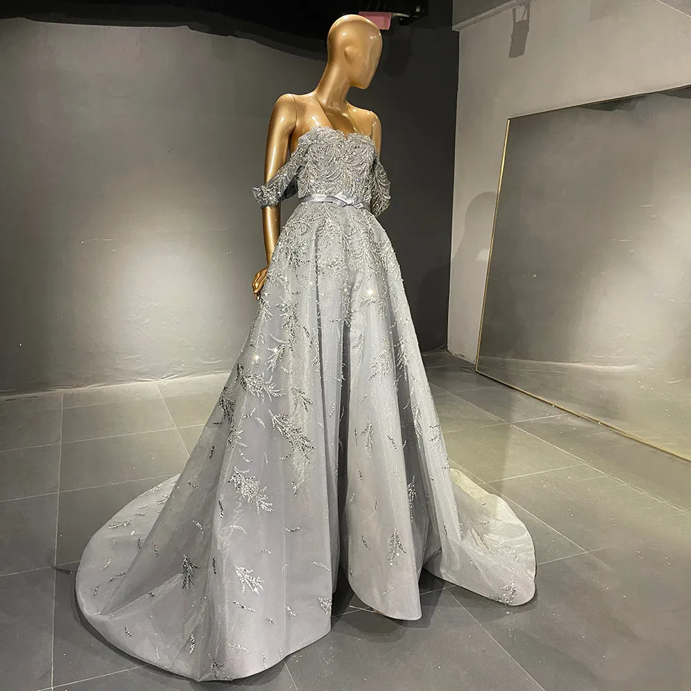 Luxury Sage Green Off Shoulder Evening Dress SS555
