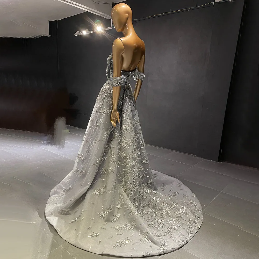Luxury Sage Green Off Shoulder Evening Dress SS555