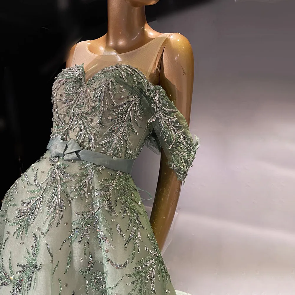 Luxury Sage Green Off Shoulder Evening Dress SS555