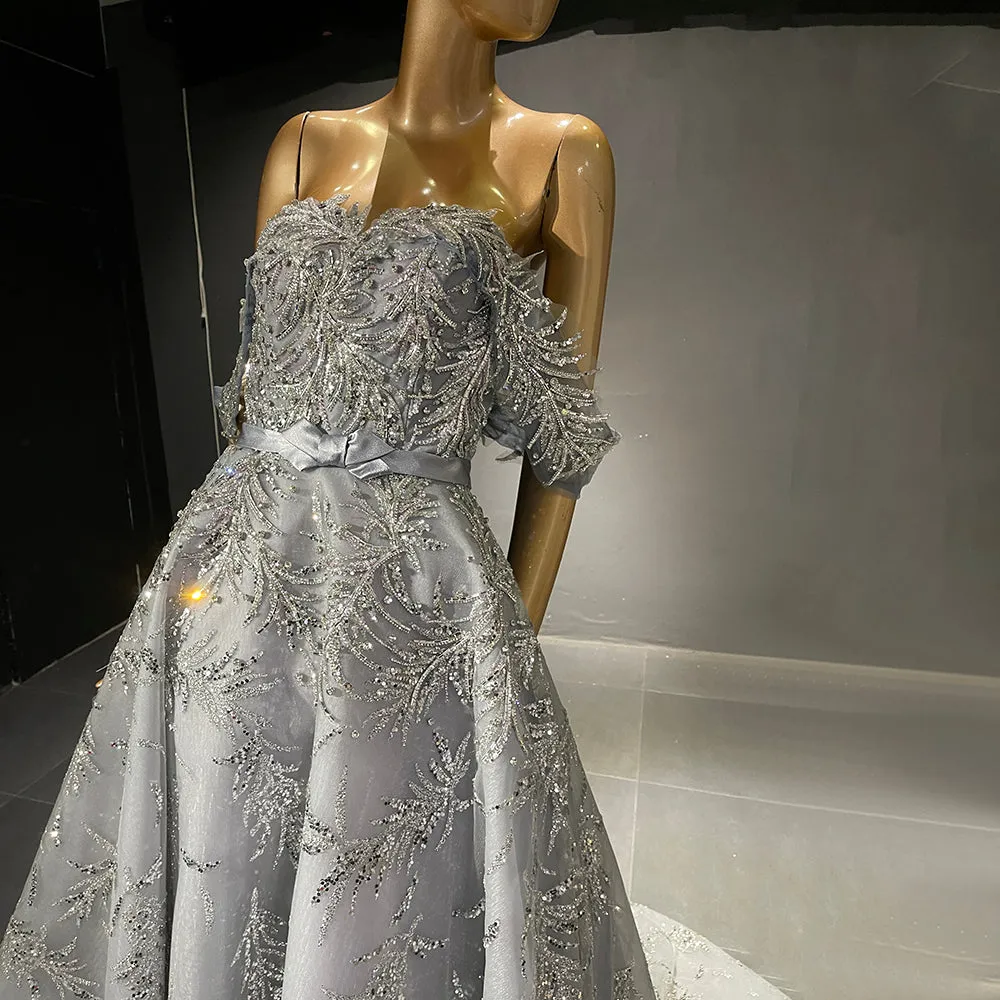 Luxury Sage Green Off Shoulder Evening Dress SS555