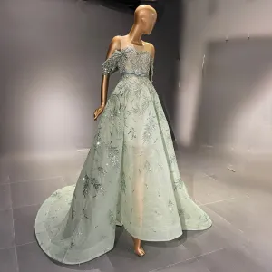 Luxury Sage Green Off Shoulder Evening Dress SS555