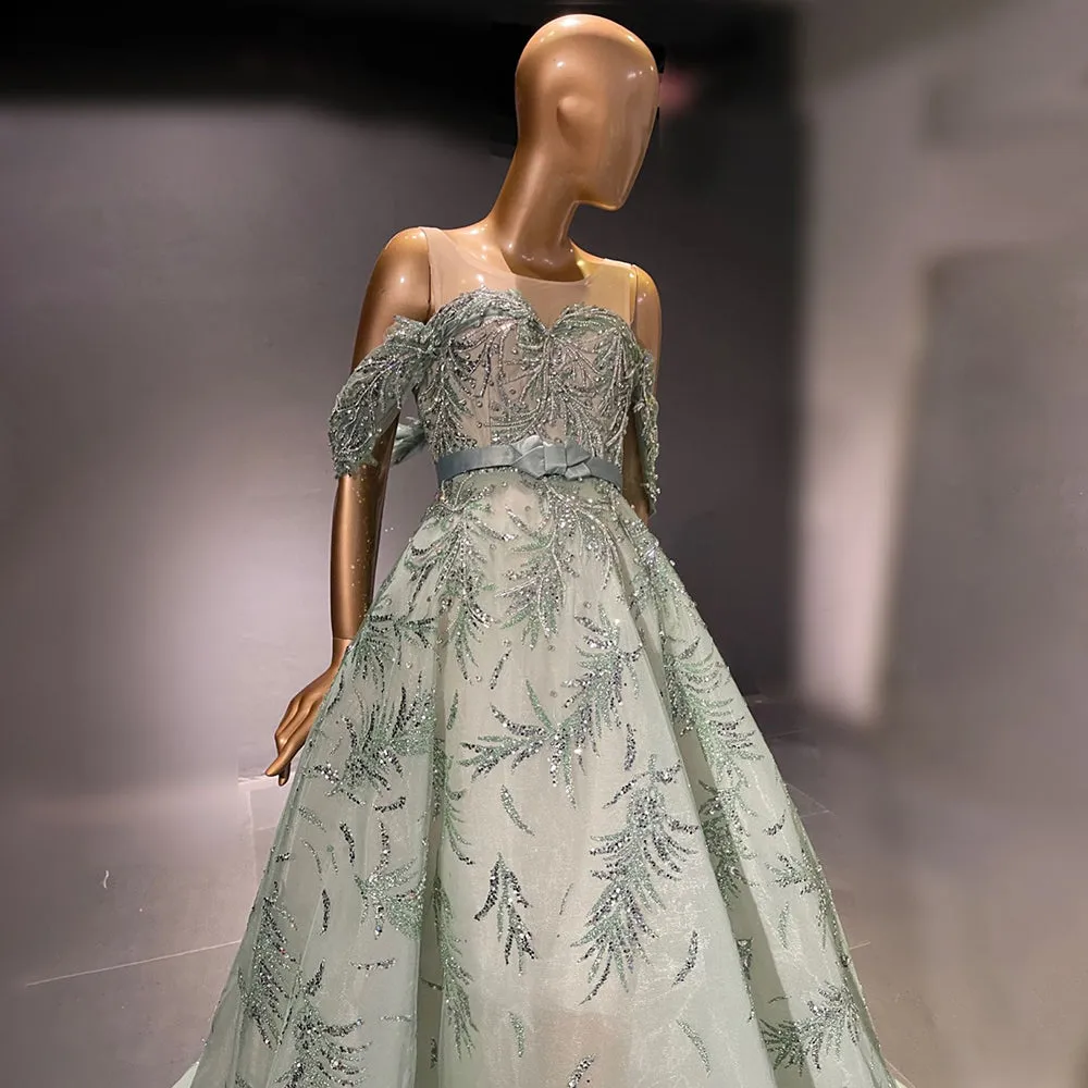 Luxury Sage Green Off Shoulder Evening Dress SS555