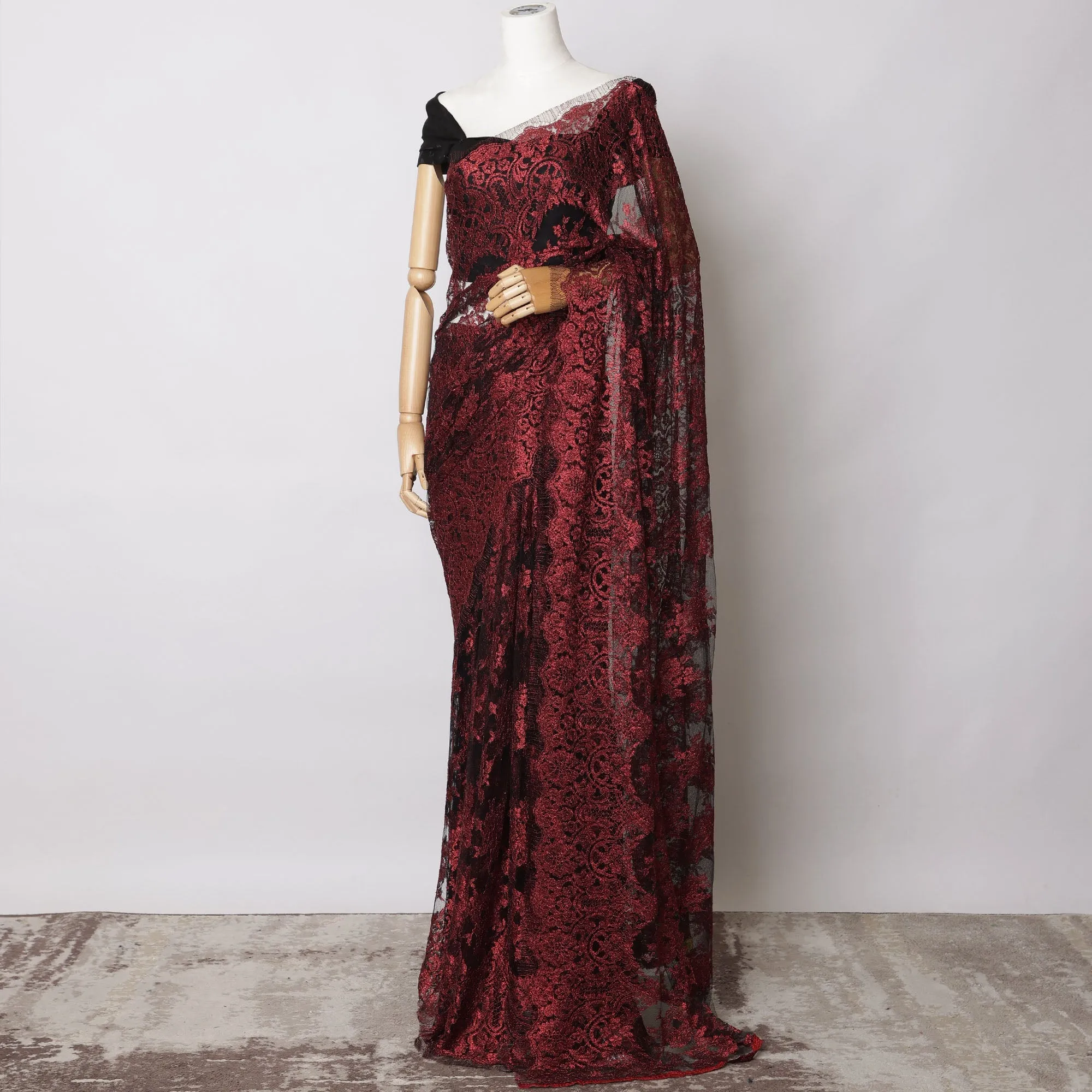 Maroon Metallic French Chantilly Lace Fabric – 5.5 Meters, Floral Design, 110 cm Width-D21083