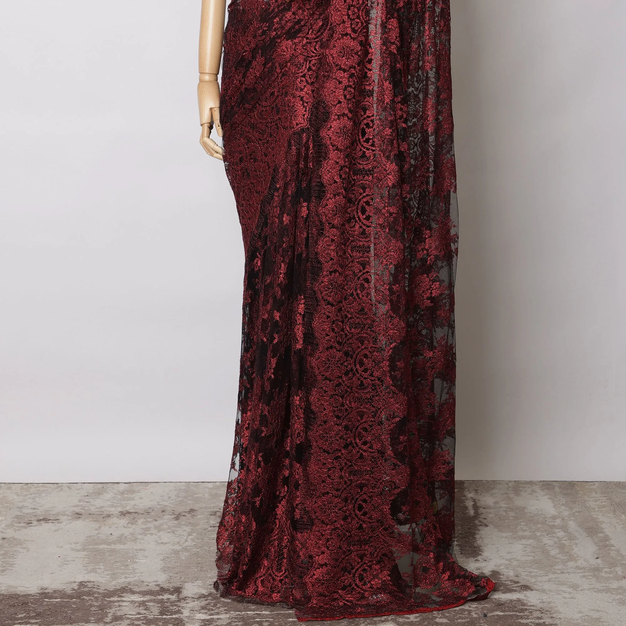 Maroon Metallic French Chantilly Lace Fabric – 5.5 Meters, Floral Design, 110 cm Width-D21083