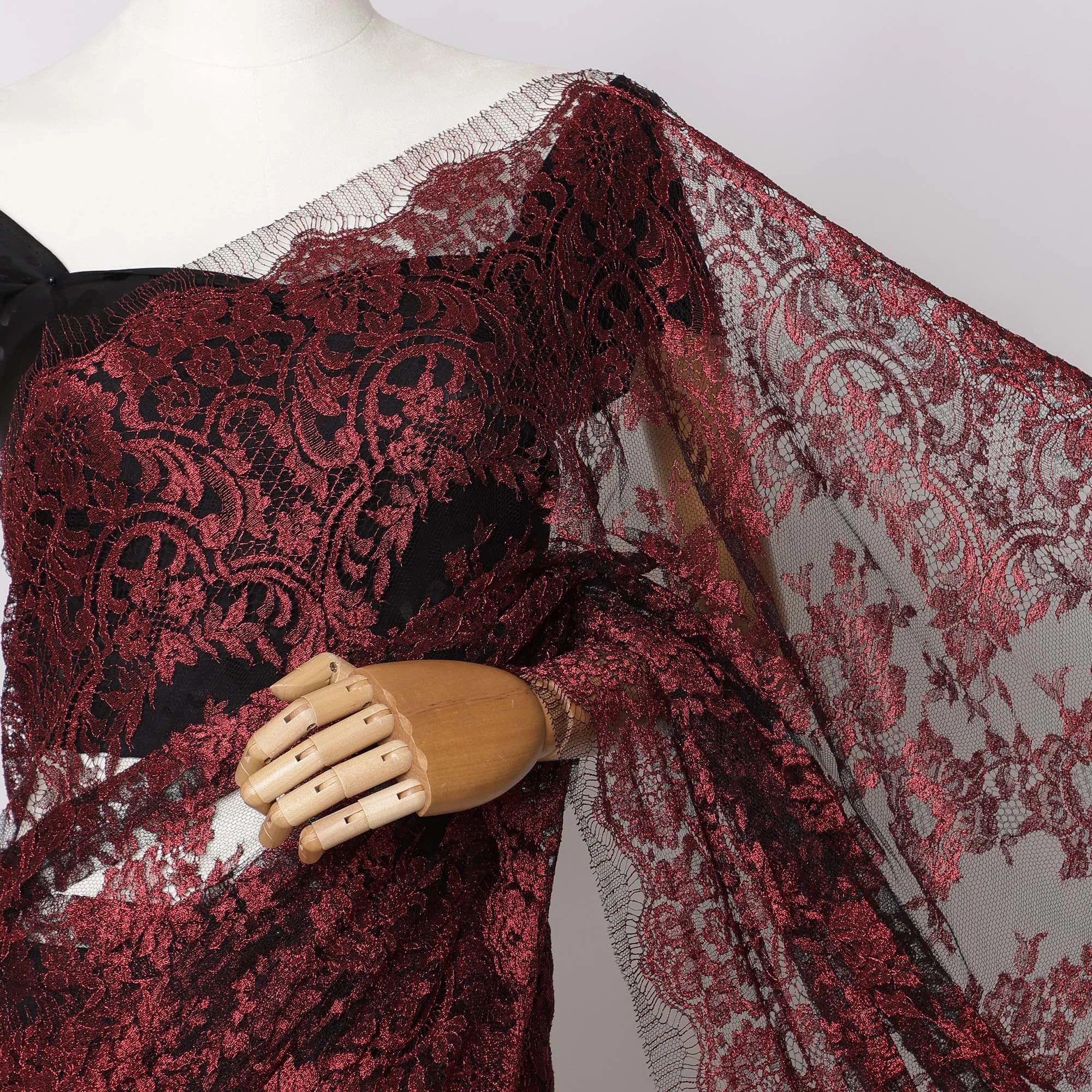 Maroon Metallic French Chantilly Lace Fabric – 5.5 Meters, Floral Design, 110 cm Width-D21083