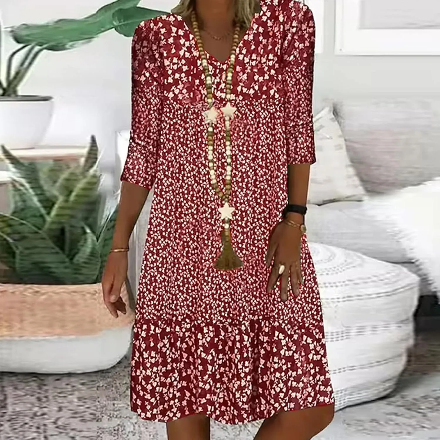 Mini Dresses for Women 2025 Trendy Floral Print 3/4 Sleeve V Neck Short Dress Summer Plus Size Ruffled Casual Dress
