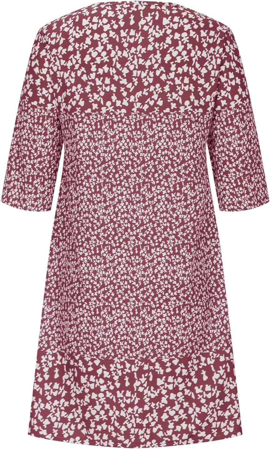 Mini Dresses for Women 2025 Trendy Floral Print 3/4 Sleeve V Neck Short Dress Summer Plus Size Ruffled Casual Dress