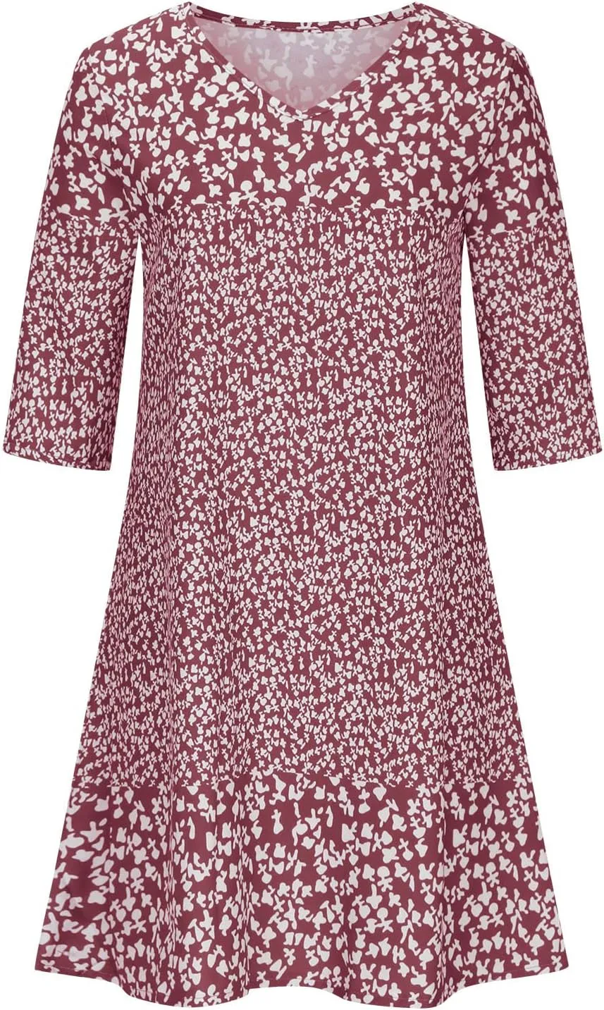 Mini Dresses for Women 2025 Trendy Floral Print 3/4 Sleeve V Neck Short Dress Summer Plus Size Ruffled Casual Dress