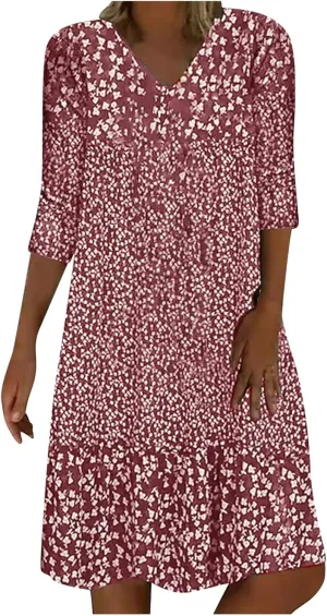Mini Dresses for Women 2025 Trendy Floral Print 3/4 Sleeve V Neck Short Dress Summer Plus Size Ruffled Casual Dress