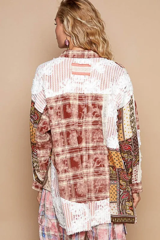MQTIME  -  POL Crochet Plaid Patchwork Button Up Shirt