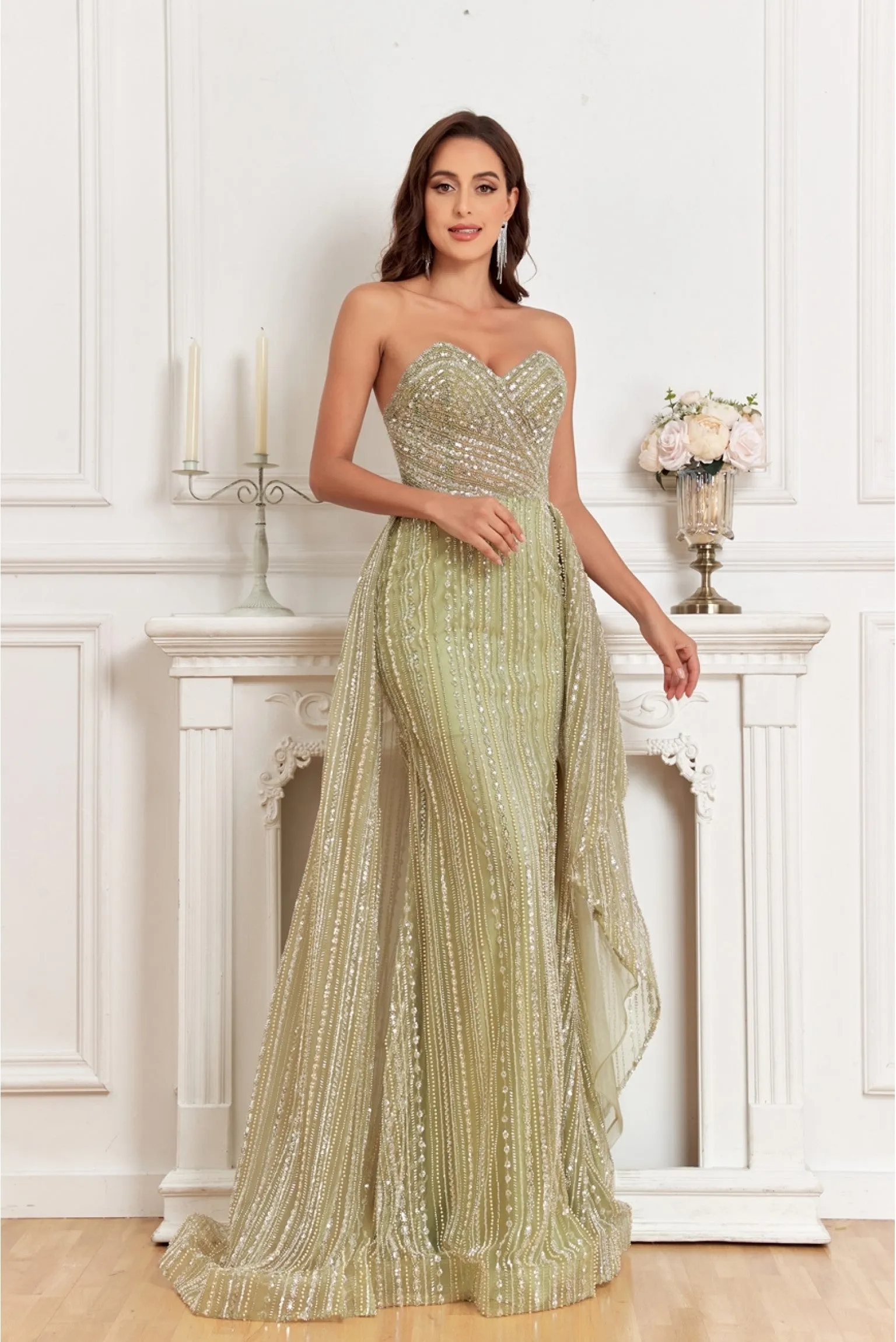 NEW Hand beaded Sweetheart top with split and overskirt Evening Gown