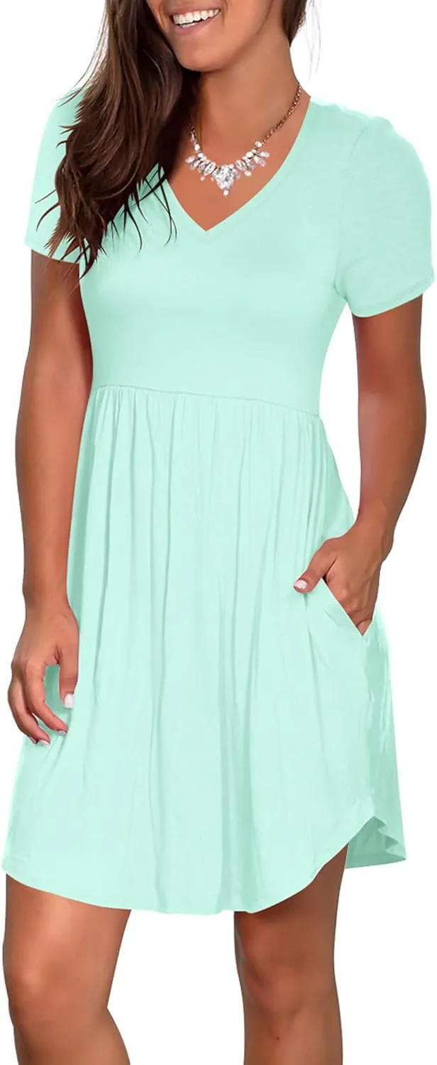 Nova In Sky Women's Summer Dress Short Sleeve Casual T Shirt Dreses 2025 Flowy Beach V Neck Sundresses with Pockets