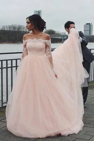 Off The Shoulder Long Sleeves A-Line Wedding Dresses Tulle Bridal SWKP2K63XZ9