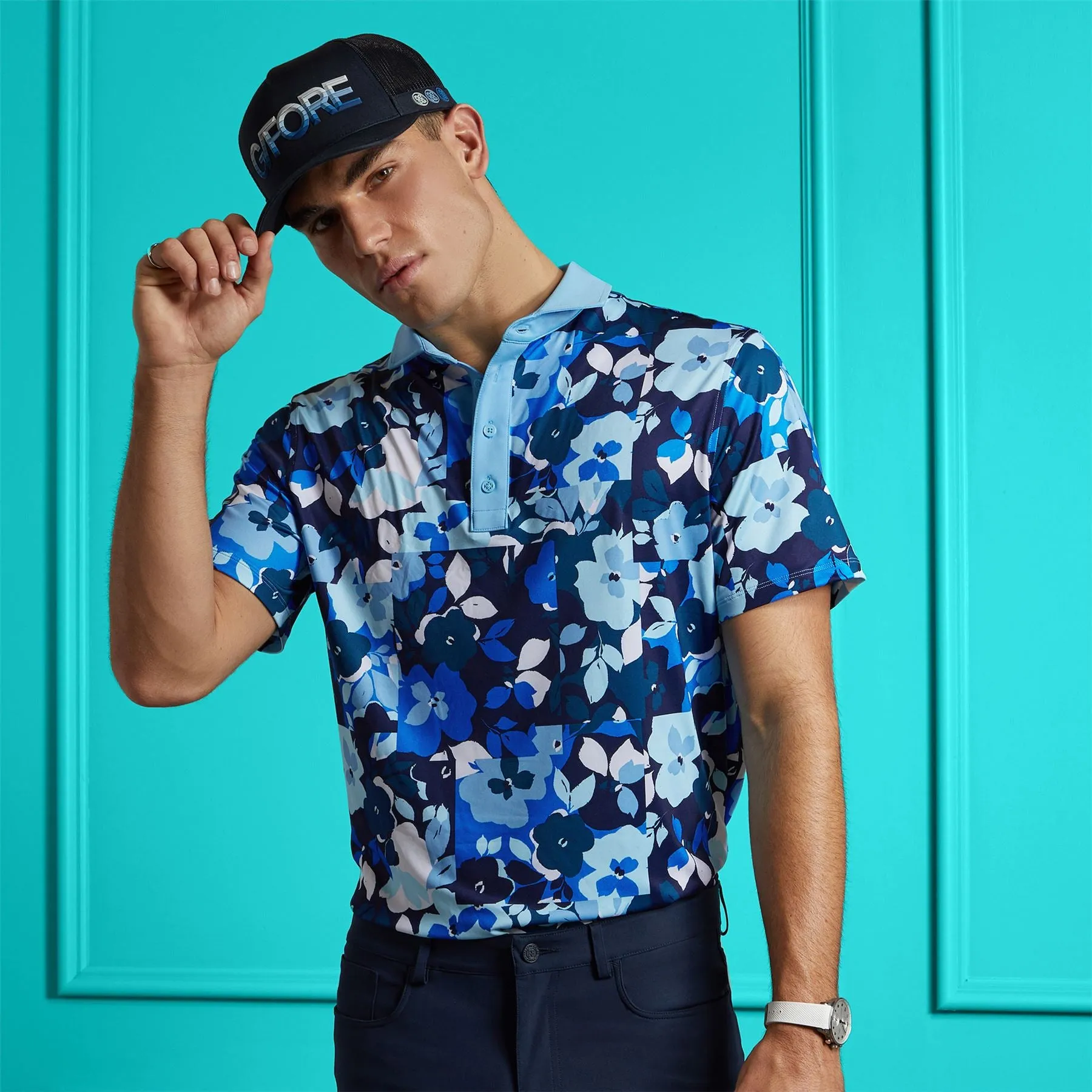 Patchwork Floral Tech Jersey Polo Fountain - AW24