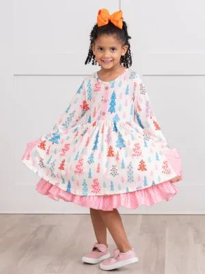 Pink Polka Dot Whimsical Trees Ruffle Dress