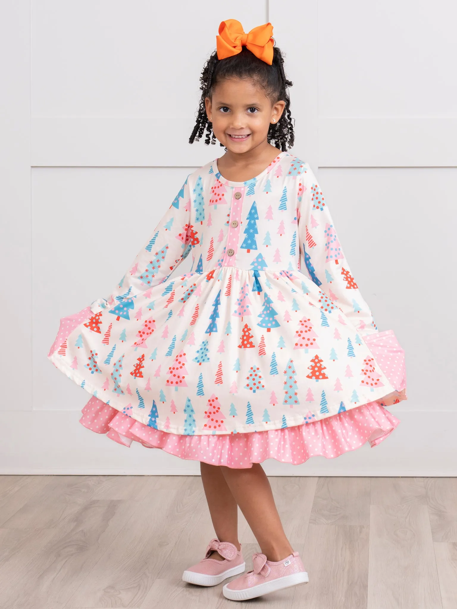 Pink Polka Dot Whimsical Trees Ruffle Dress