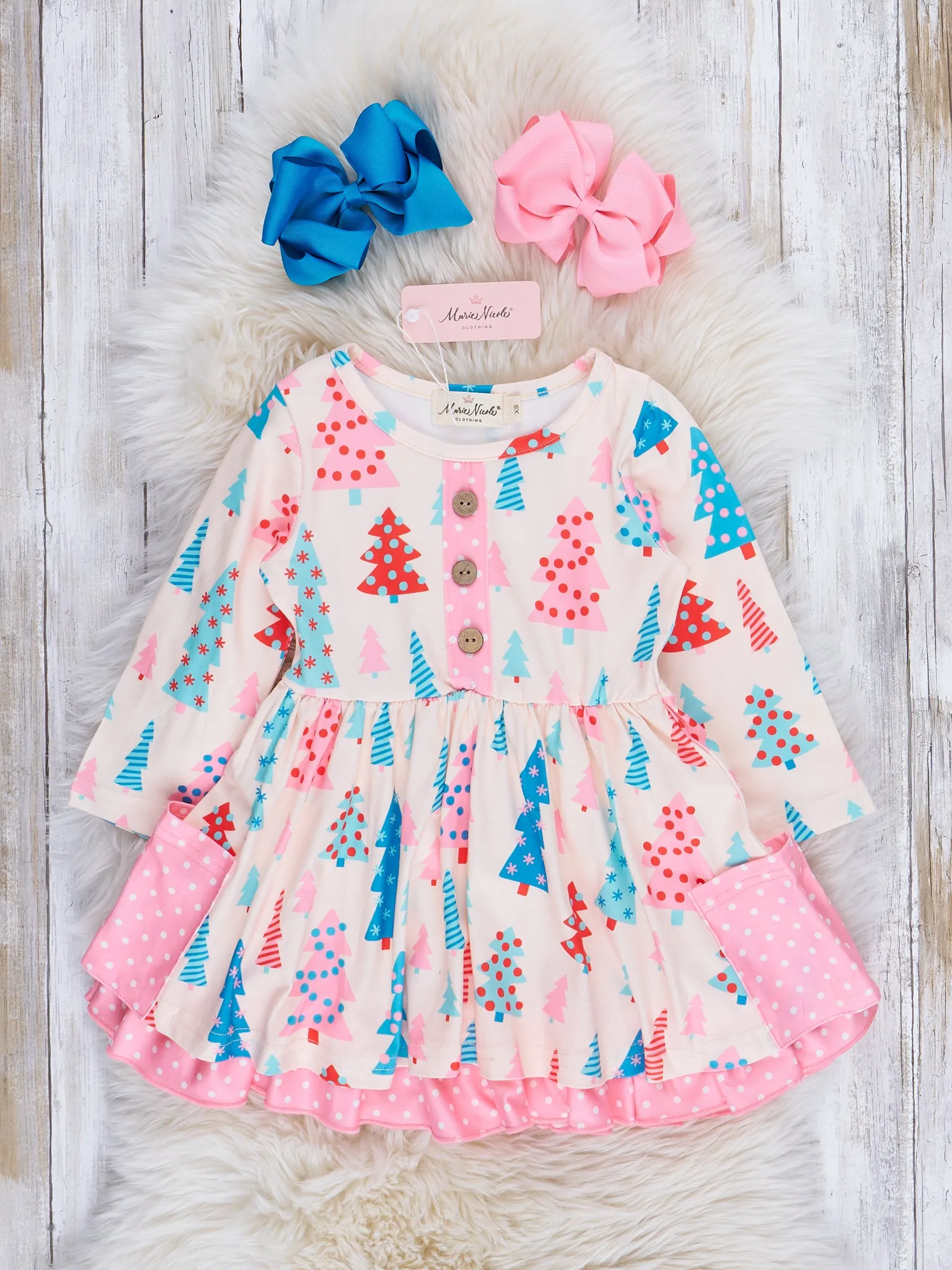 Pink Polka Dot Whimsical Trees Ruffle Dress