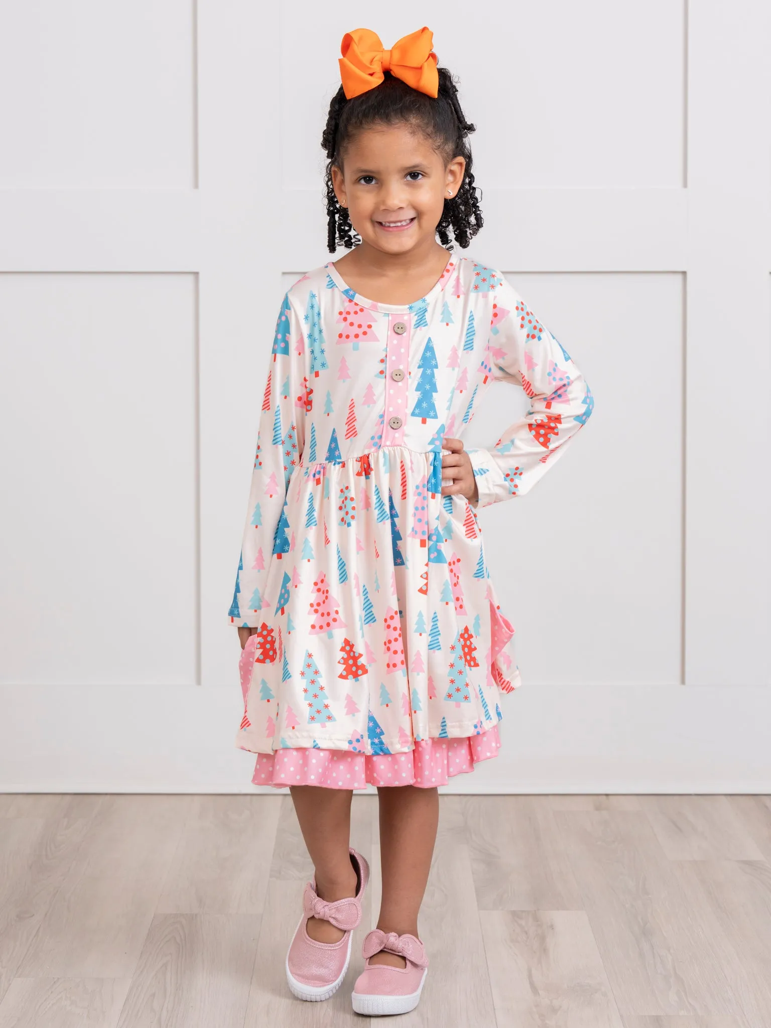 Pink Polka Dot Whimsical Trees Ruffle Dress
