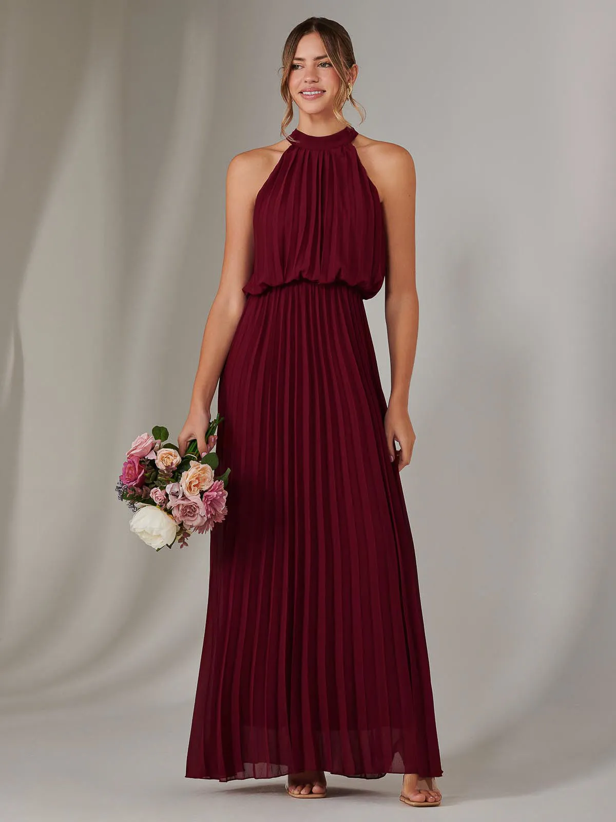 Pleated Bridesmaids Maxi Dress, Burgundy