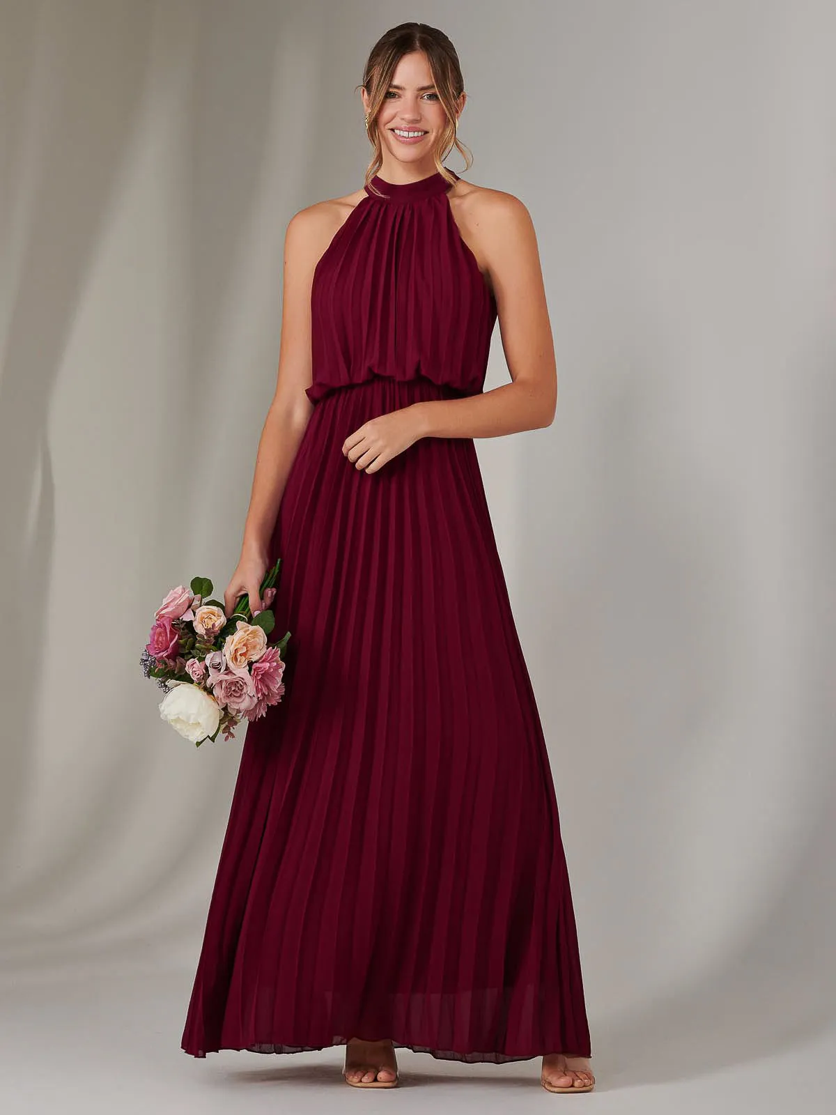 Pleated Bridesmaids Maxi Dress, Burgundy