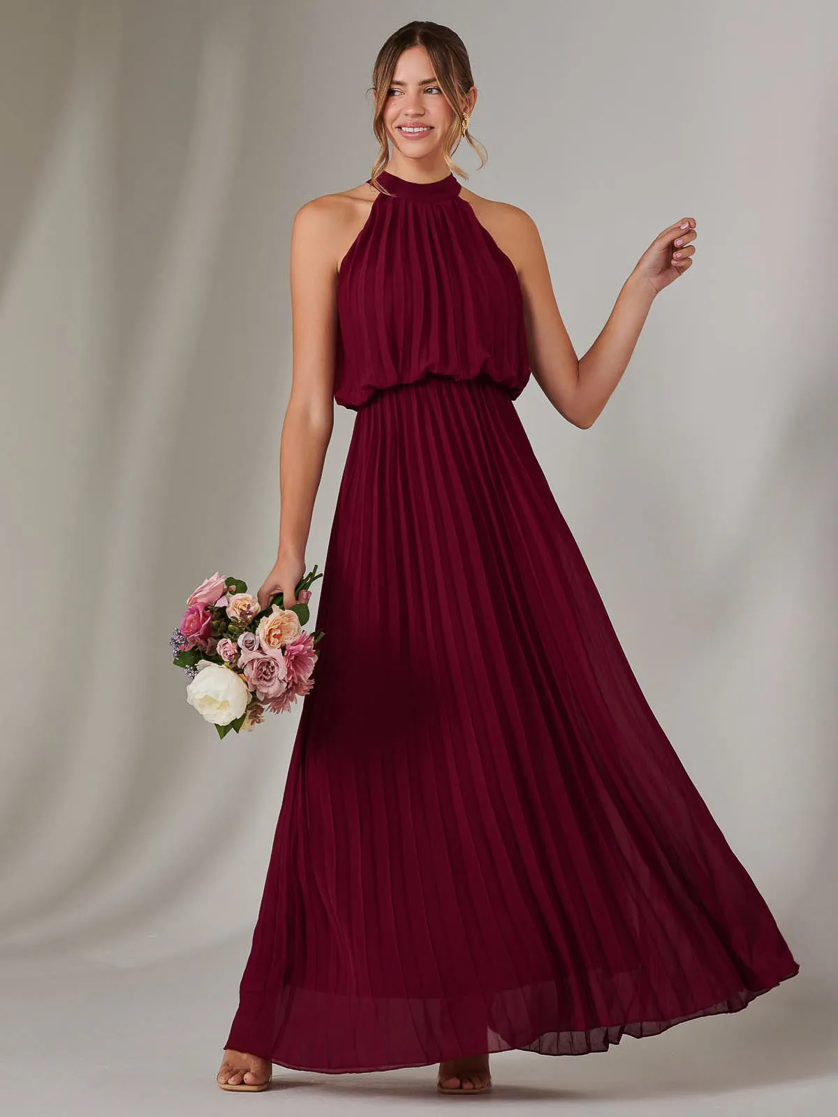 Pleated Bridesmaids Maxi Dress, Burgundy