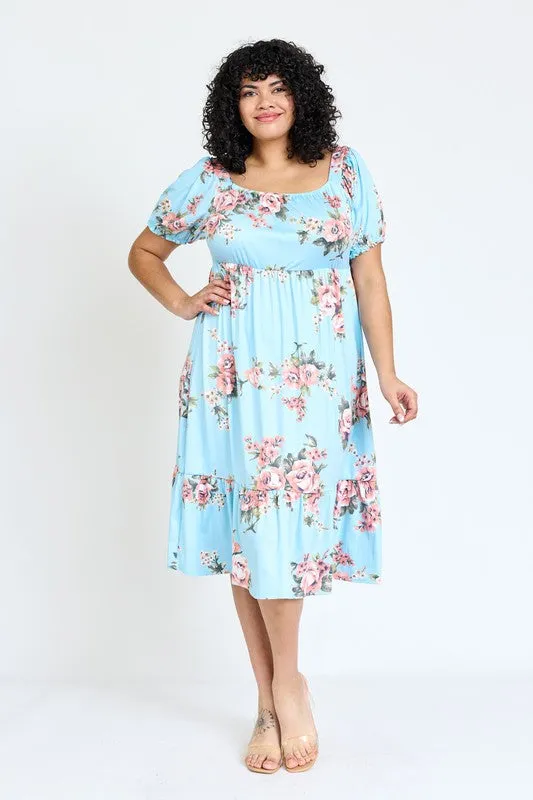 Plus Floral Square Neck Puff Sleeve Boho Dress