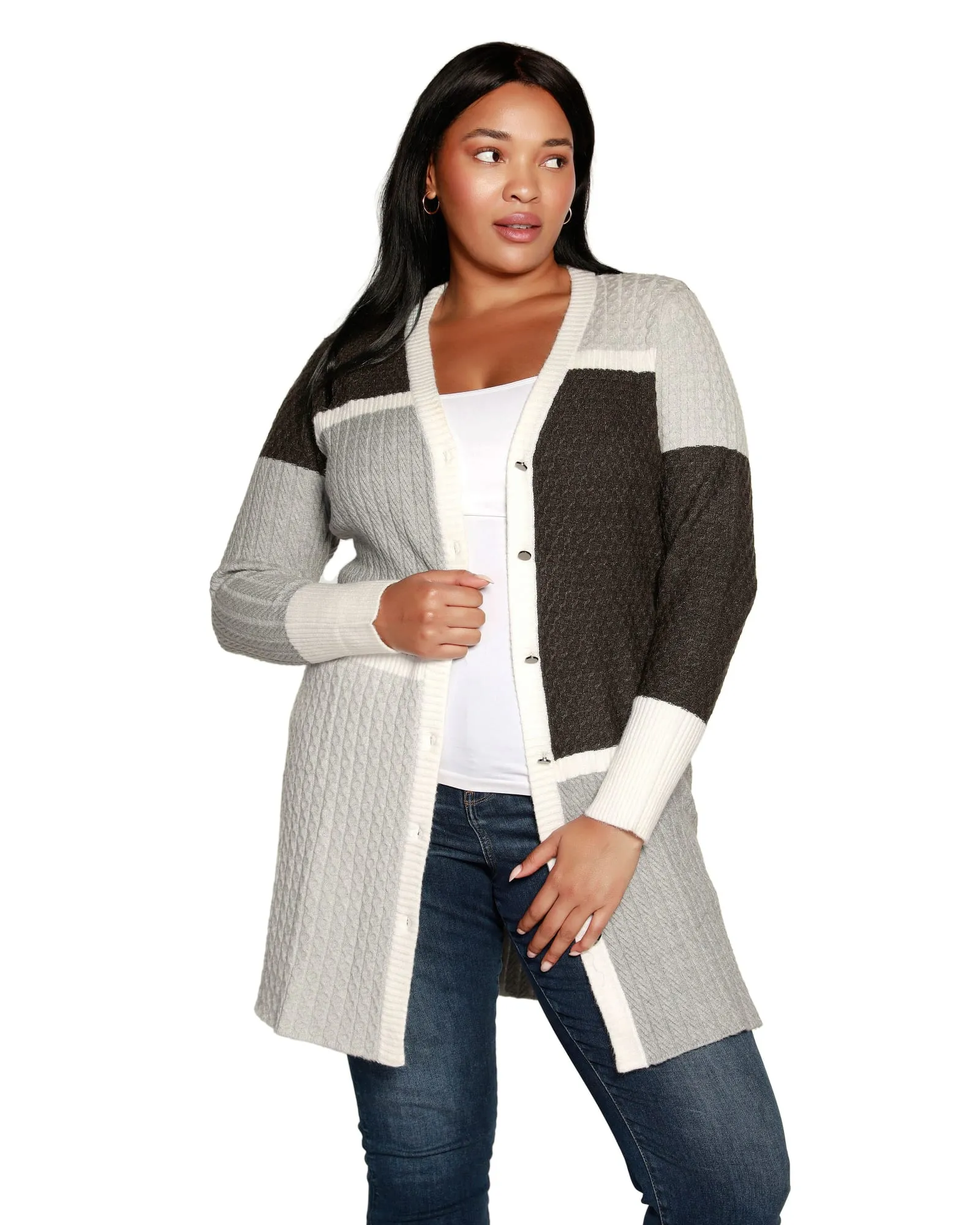 Plus Size Color block Cable Duster | Grey Combo
