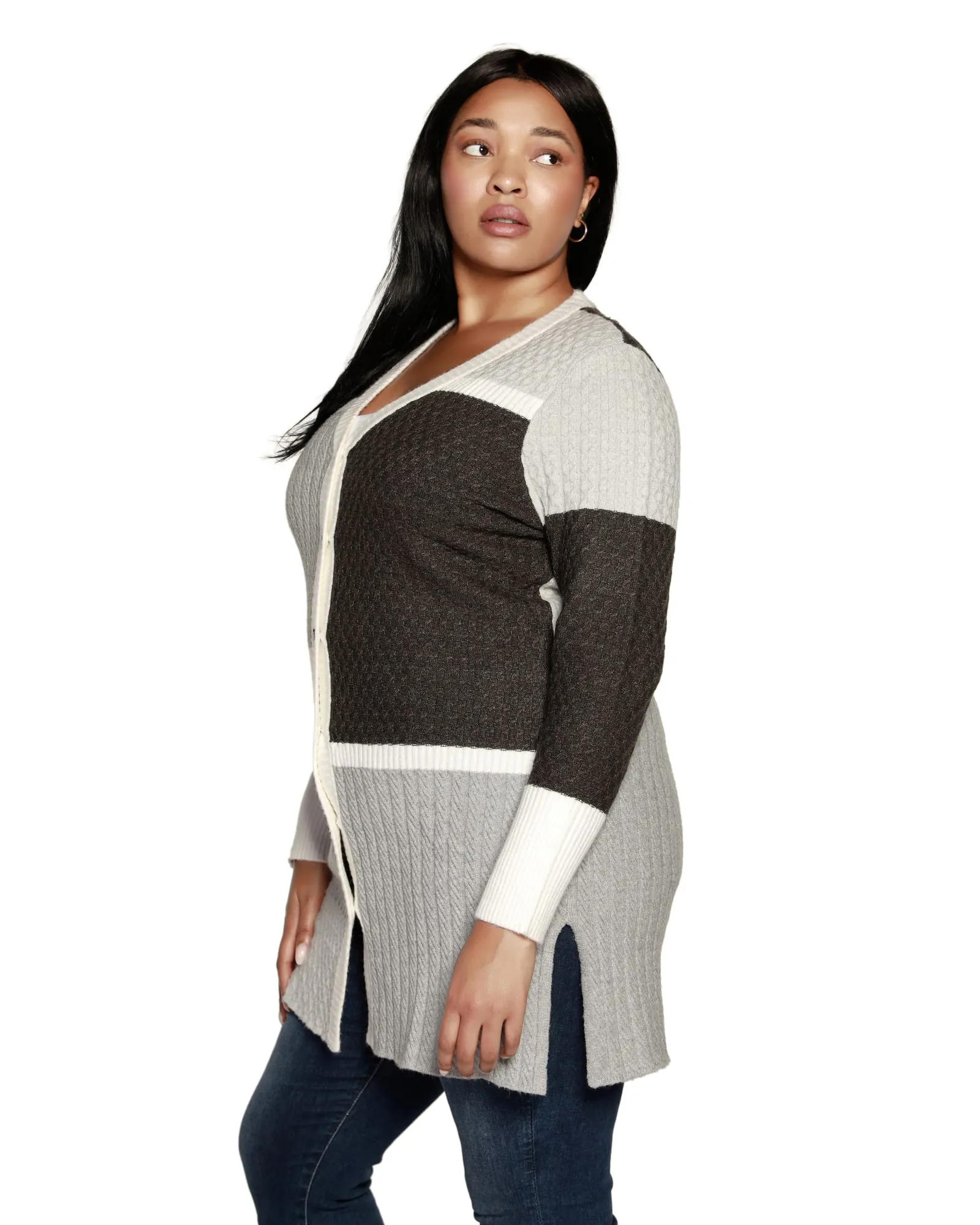 Plus Size Color block Cable Duster | Grey Combo
