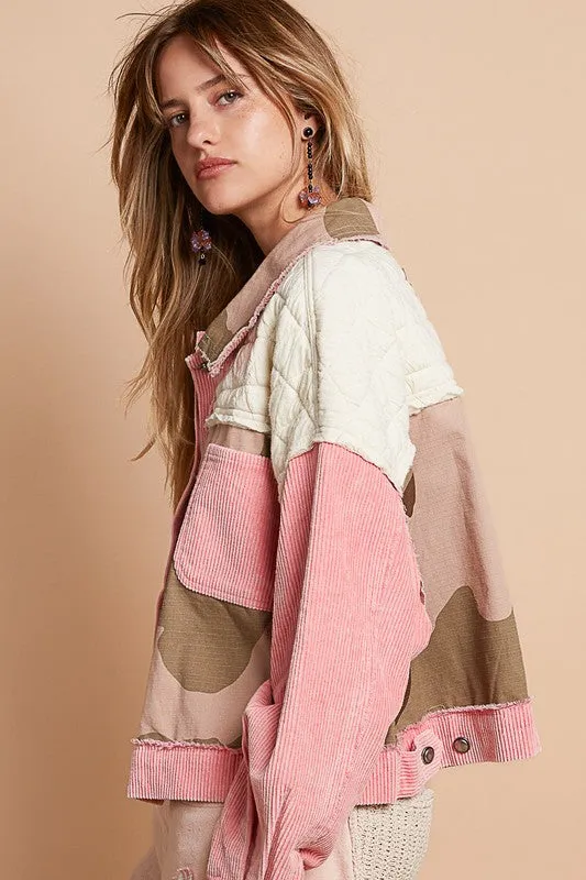 POL Corduroy Camo Quilted Patchwork Retro Boho Raw Seam Button-Up Jacket