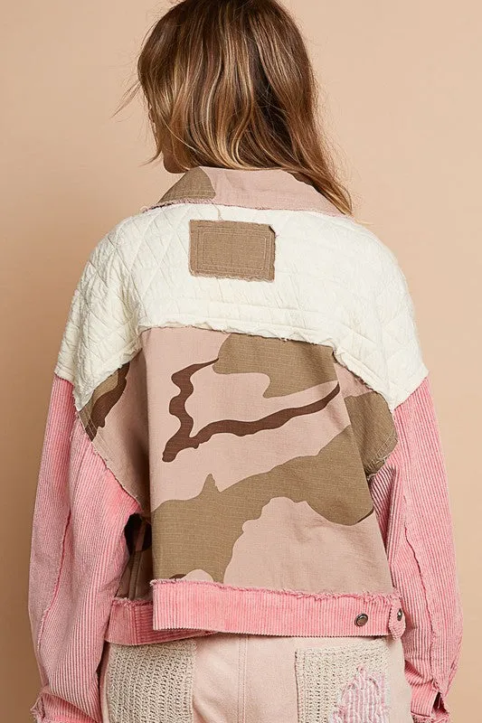 POL Corduroy Camo Quilted Patchwork Retro Boho Raw Seam Button-Up Jacket