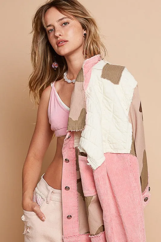 POL Corduroy Camo Quilted Patchwork Retro Boho Raw Seam Button-Up Jacket