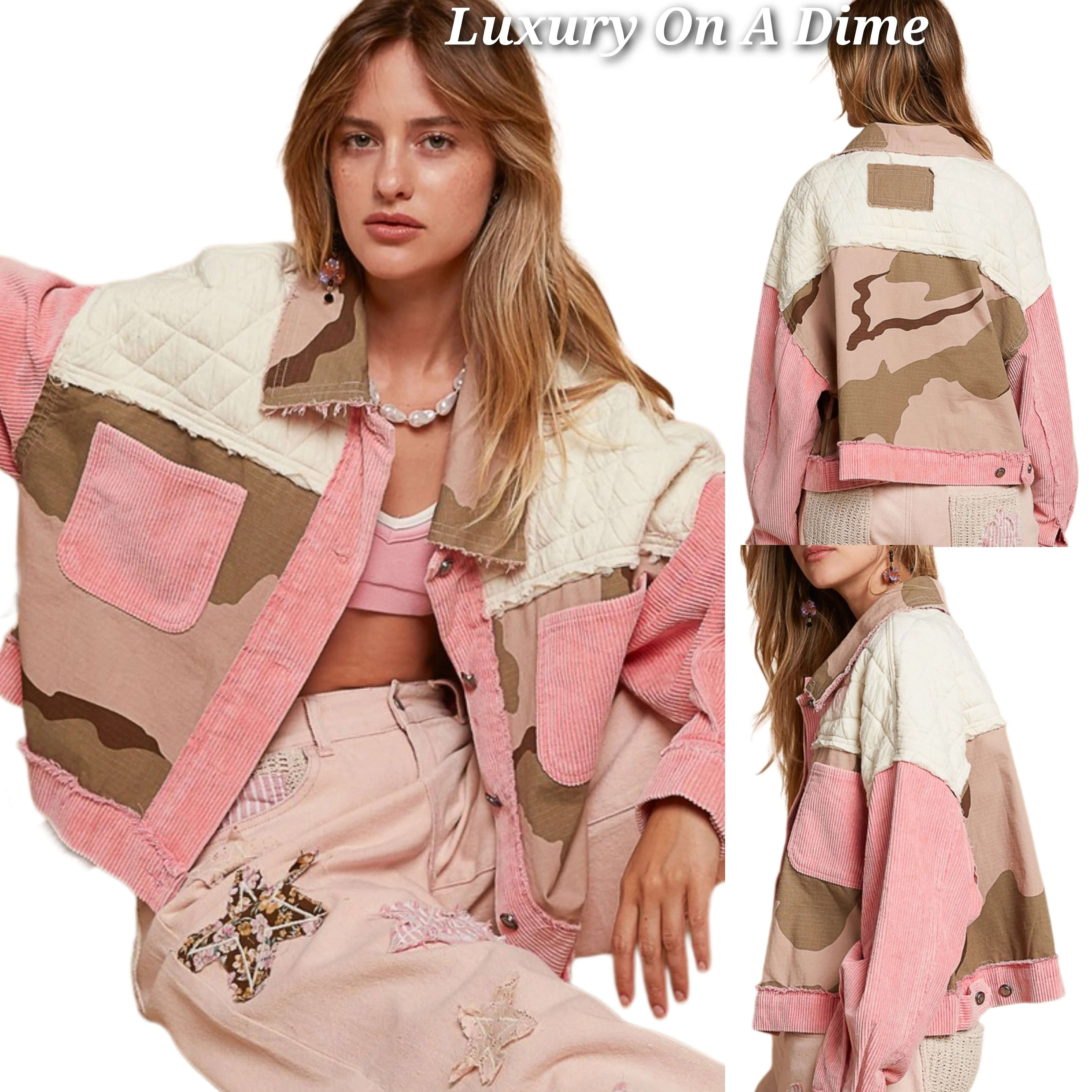 POL Corduroy Camo Quilted Patchwork Retro Boho Raw Seam Button-Up Jacket