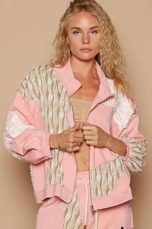 POL Watermelon Pink Applique Patchwork Zip Up Jacket