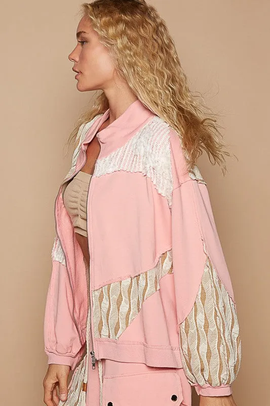 POL Watermelon Pink Applique Patchwork Zip Up Jacket