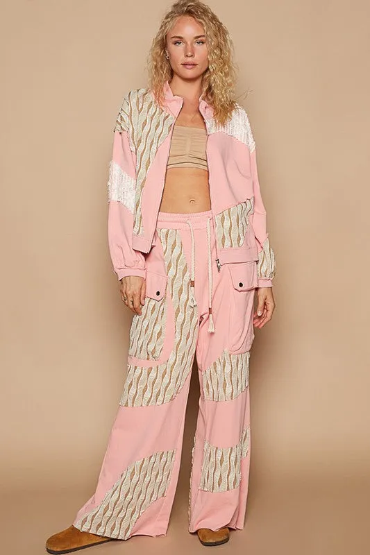 POL Watermelon Pink Applique Patchwork Zip Up Jacket