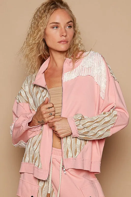 POL Watermelon Pink Applique Patchwork Zip Up Jacket