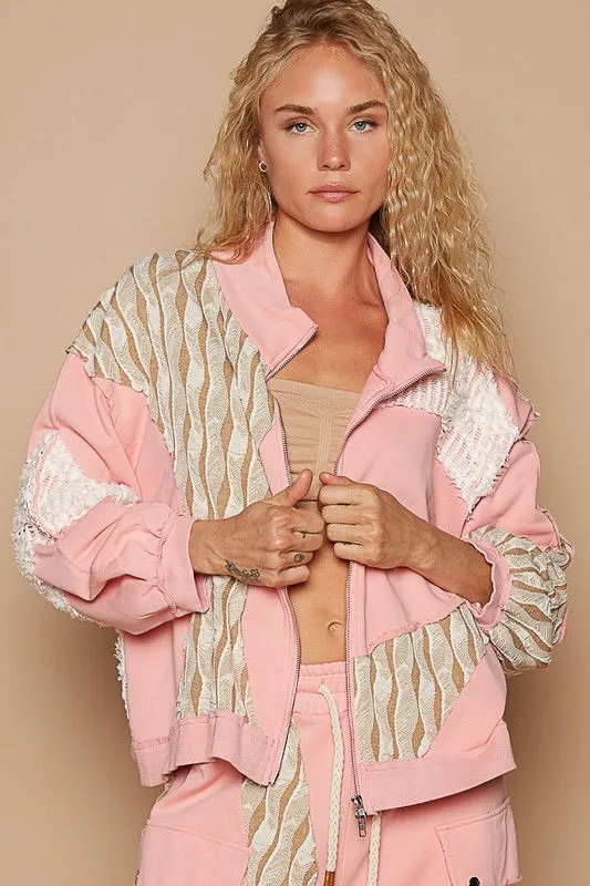 POL Watermelon Pink Applique Patchwork Zip Up Jacket