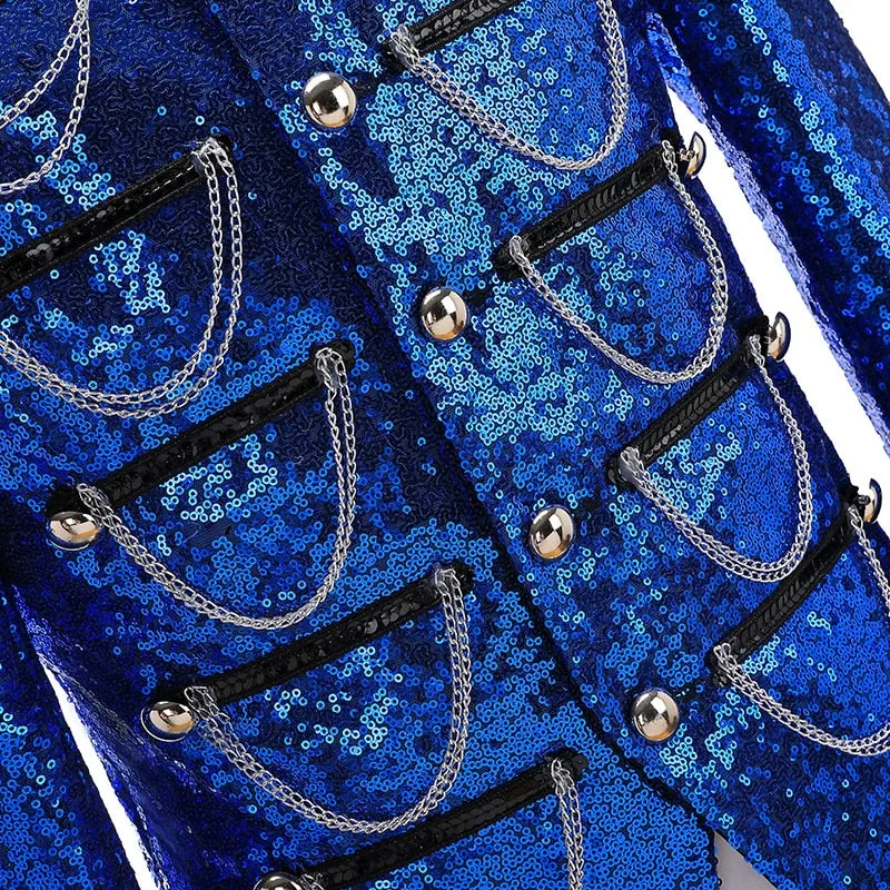 Royal Blue Sequin Cotton Polyester Military Style Blazer