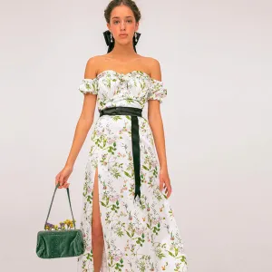 Ruffle Off The Shoulder High Slit Floral Midi Sundress - White