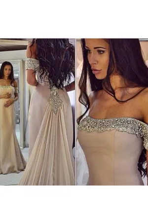 Satin Off The Shoulder Prom Dresses Satin With Beading Sweep Train