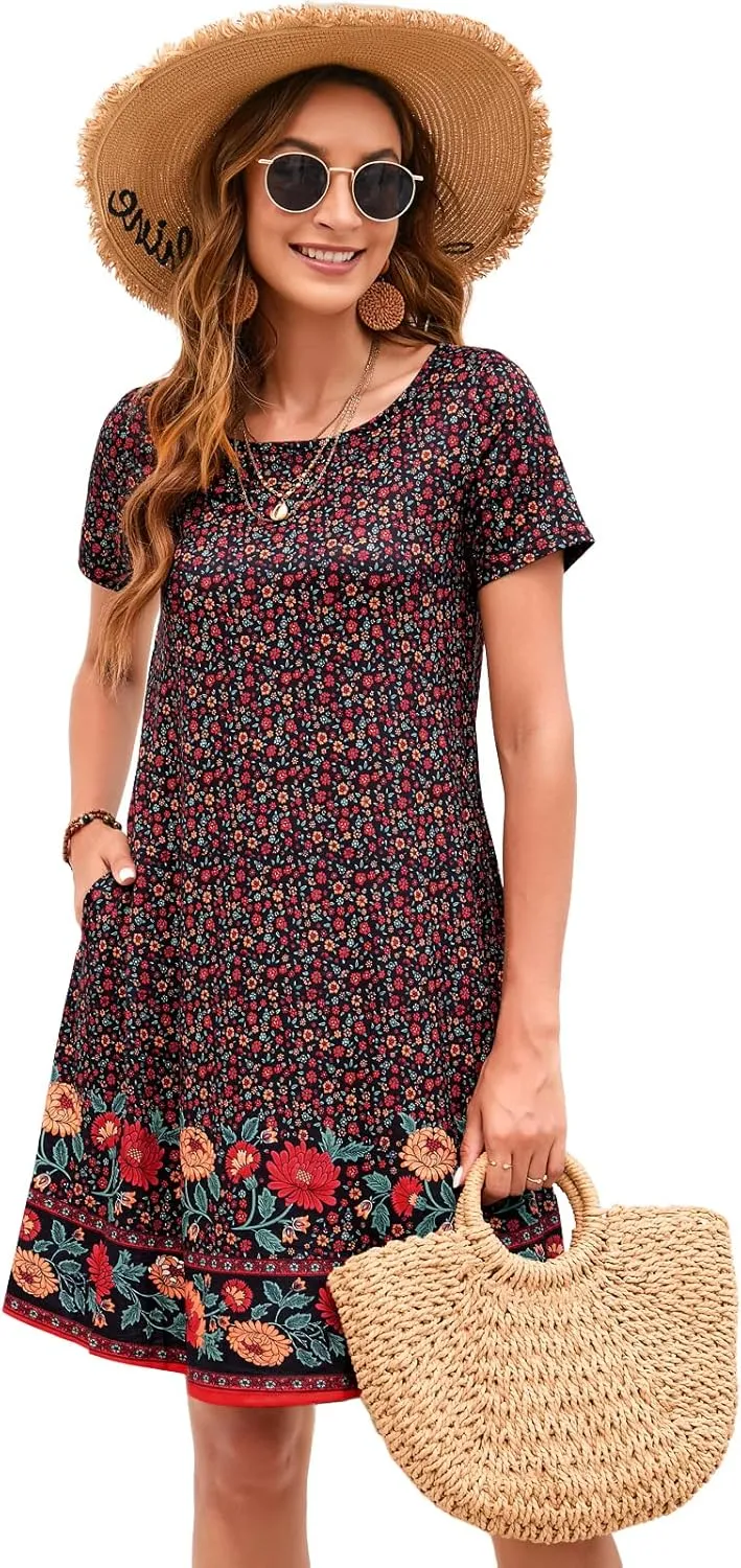 Sherosa Women's Summer Dresses 2025 Beach Boho Sundress Short Sleeve Loose Casual Tshirt Dress with Pockets