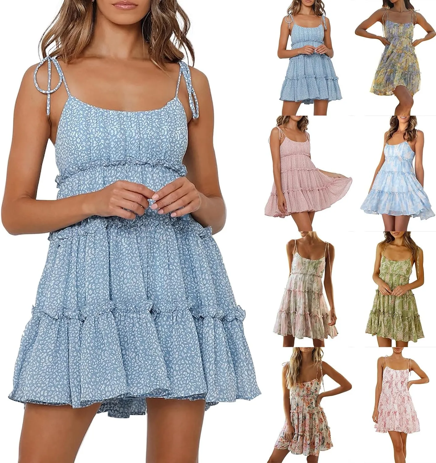 Summer Dresses for Teens 2025 Cute Spaghetti Strap Backless Floral Mini Dress Flowy Vacation Tiered Ruffle Sundress