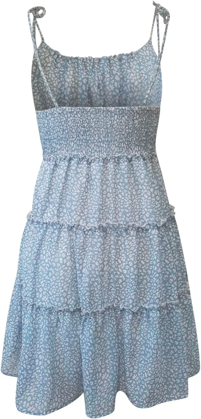 Summer Dresses for Teens 2025 Cute Spaghetti Strap Backless Floral Mini Dress Flowy Vacation Tiered Ruffle Sundress