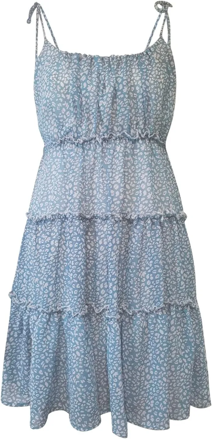 Summer Dresses for Teens 2025 Cute Spaghetti Strap Backless Floral Mini Dress Flowy Vacation Tiered Ruffle Sundress