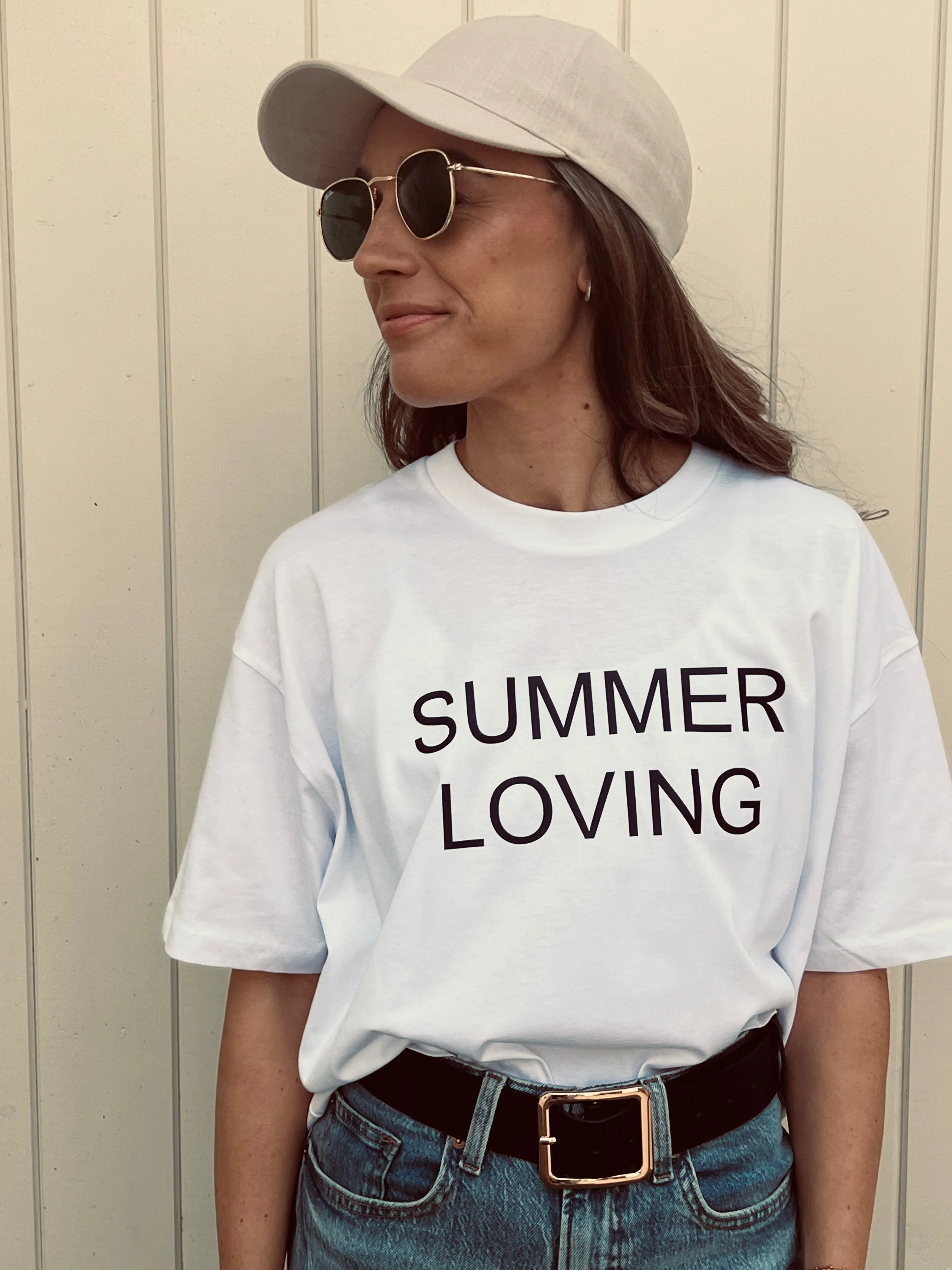 Summer Loving Slogan Boxy White Fit Organic Cotton Tee with a Navy font.