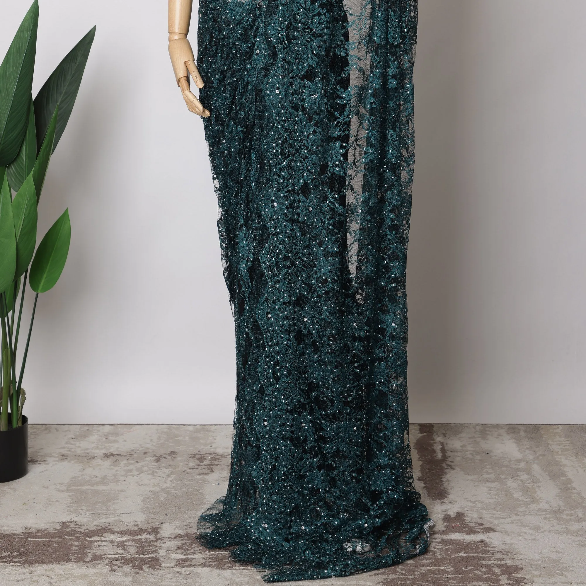 Teal Blue, Black Two-Tone French Chantilly Lace Fabric with Stone Work – 5.5 Meters, Floral Embroidered Tulle, 110 cm Width-D21066